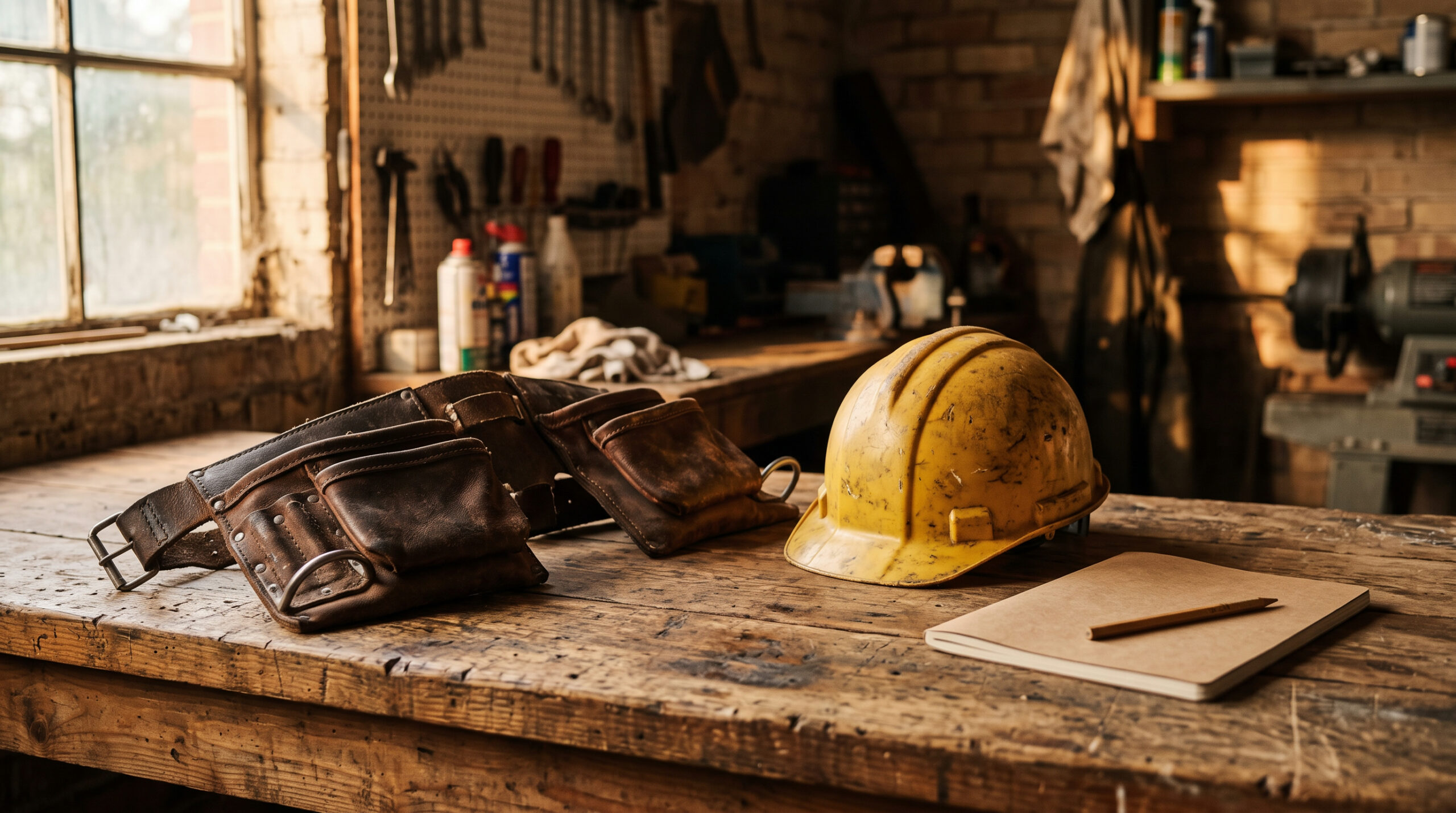 Tool belt and hard hat resting on a workbench