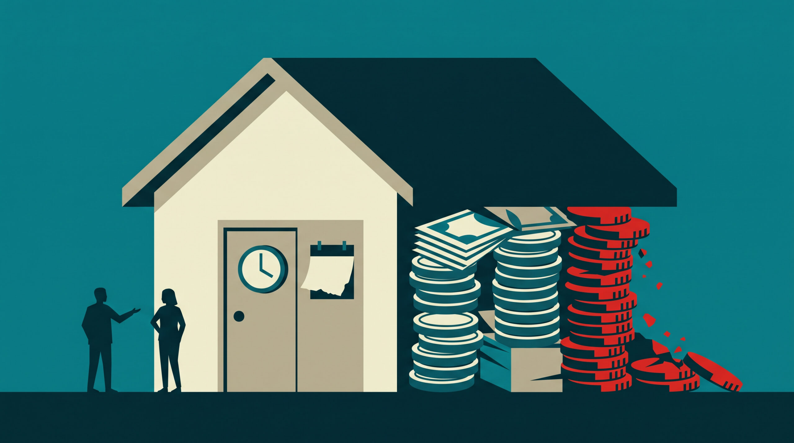 A shrinking foundation and a cracked calendar stand in for how a missed rent payment turns into a deadline fast.